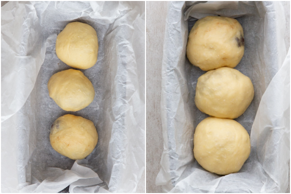 dough before and after rising in a loaf pan