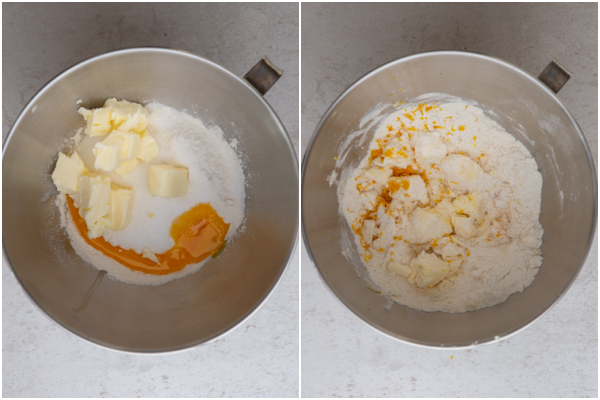 mixing the ingredients in a silver mixing bowl
