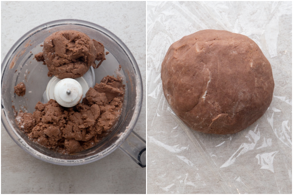 pulsed almost until combined, formed dough ball on plastic wrap