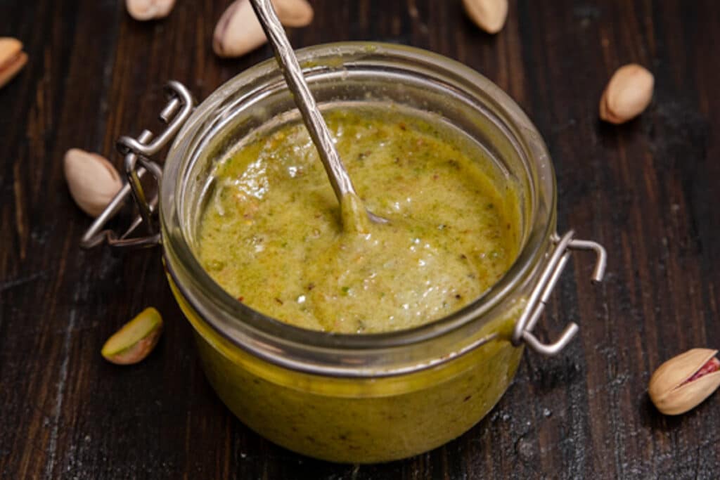 Pistachio cream in a jar with a spoon in the jar.