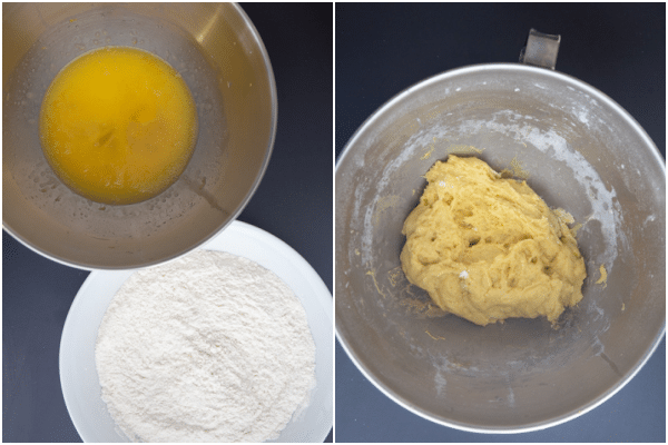 beaten egg and whisked flour in a white bowl, cookie dough formed in a mixing bowl