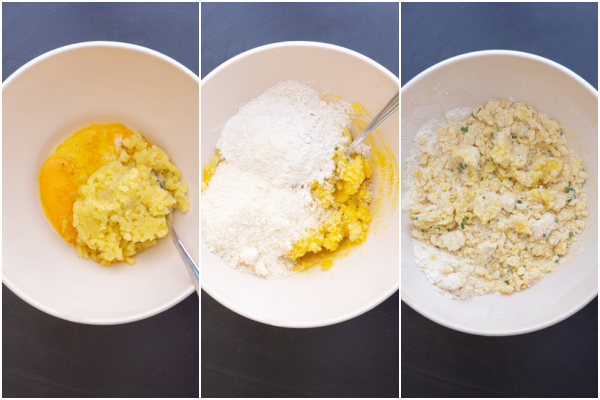 egg and potato in a bowl, flour added and mixed in a white bowl