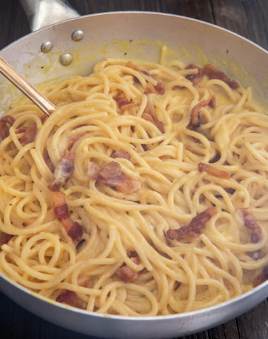 carbonara pasta in a silver pan