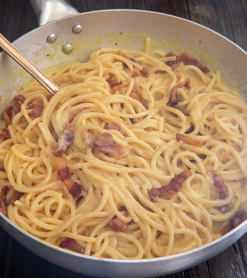 carbonara pasta in a silver pan