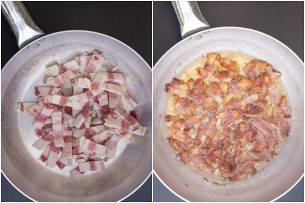 the sliced guanciale in a silver pan before and after cooked