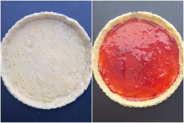 the dough in the pie plate and pricked and spread with jam