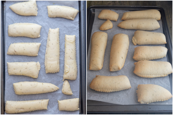 the crescente on a cookie sheet before and after baking.