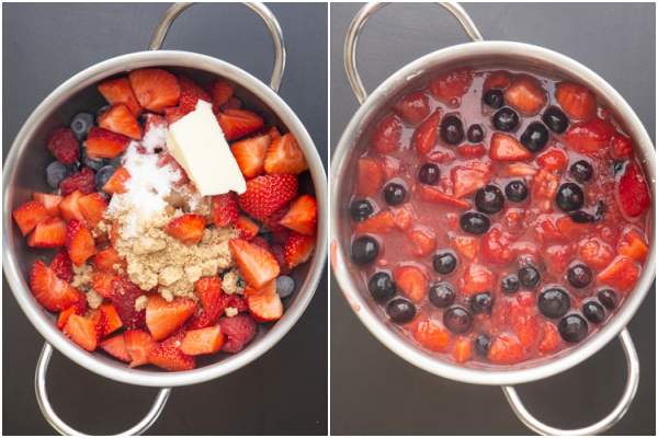 berries, sugar, water cornstarch in a medium pot before and after cooked.