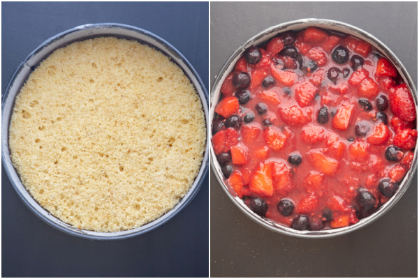 cake in the pan with the berry filling on top.