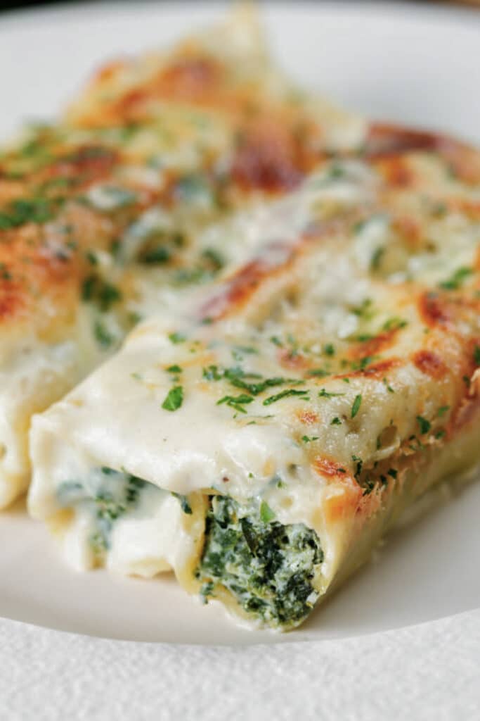 Two ricotto cannelloni on a white plate.