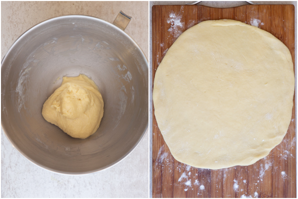 The dough formed in the mixing bowl and rolled into a circle.