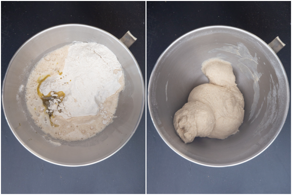Yeast mixture with remaining ingredients on top, dough formed in mixing bow.