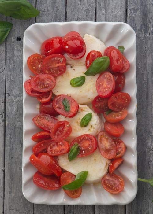 The tomatoes on the sliced mozzarella.