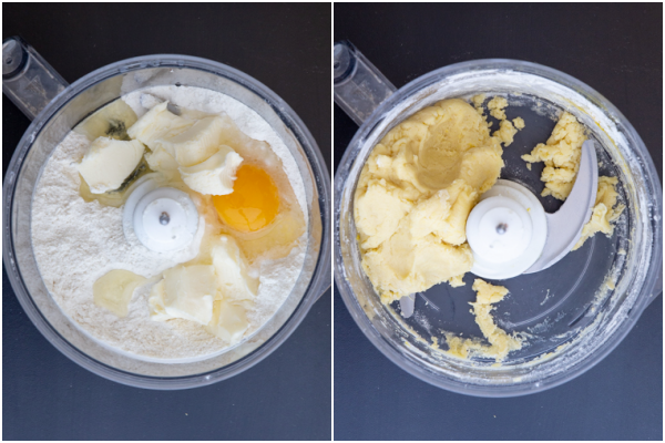 The crust ingredients before and after mixed in a food processor.