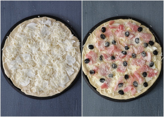 The pizza with the ingredients before baked.