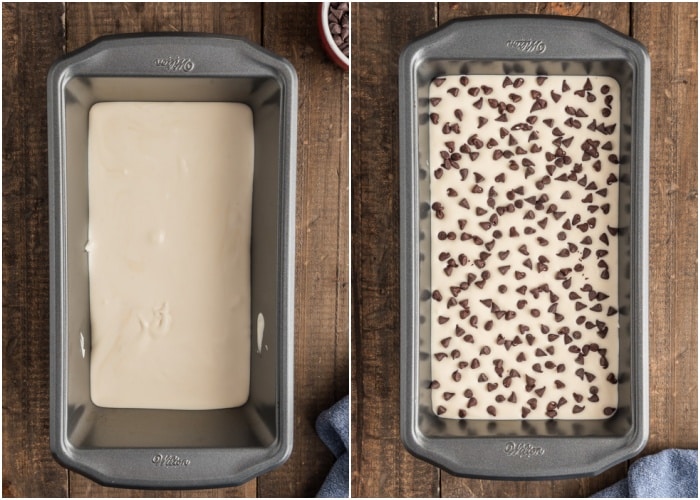 The ice cream in the loaf pan before freezing.