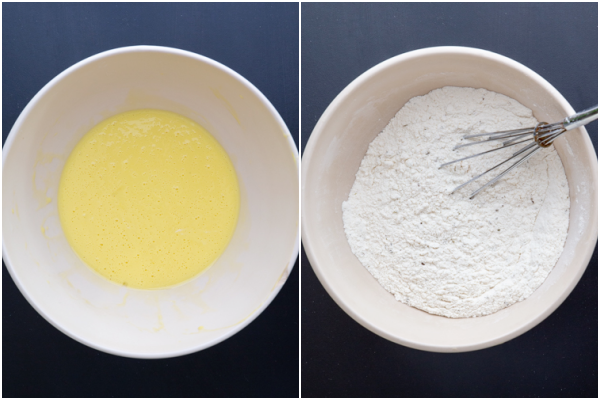 Wet ingredients beaten in a white bowl & the dry ingredients whisked in a white bowl.