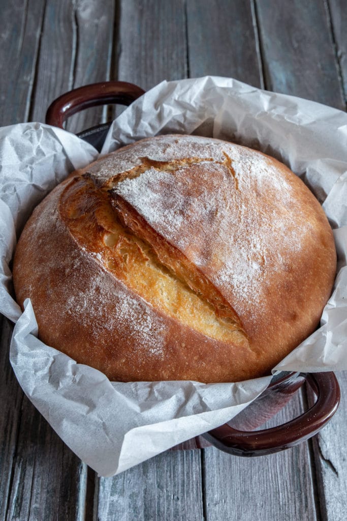 Ricotta bread in a dutch oven, baked.