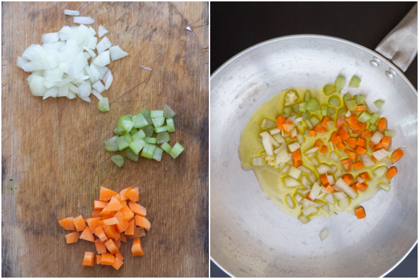 Chopped onions, celery & carrots, in a silver pan before cooking.