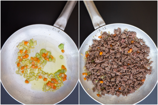 Cooked onions until transparent & ground beef added and browned.