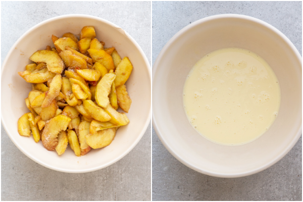 Peaches mixed with sugar mixture in a white bowl and the cream mixture in a white bowl.