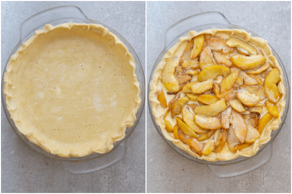 The dough in the pan with the peaches and cream filling on top.