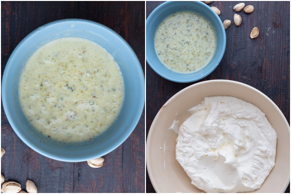 Sweetened condensed milk mixed with pistachio cream in a blue bowl & cream whipped in a white bowl.