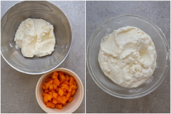 cream cheese, whipped cream, gelatine mixed. Cream cheese & chopped apricots in bowls.