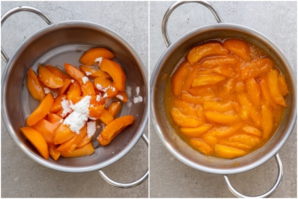 Apricots, cornstarch, sugar & water in a silver pot. Cooked in a silver pot.