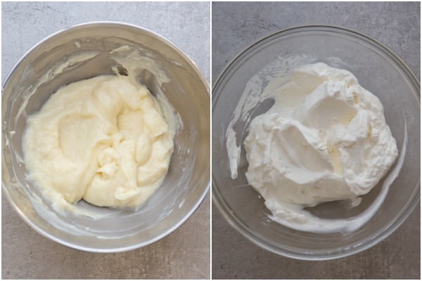 Cream cheese mixture in a bowl and whipped cream whipped.