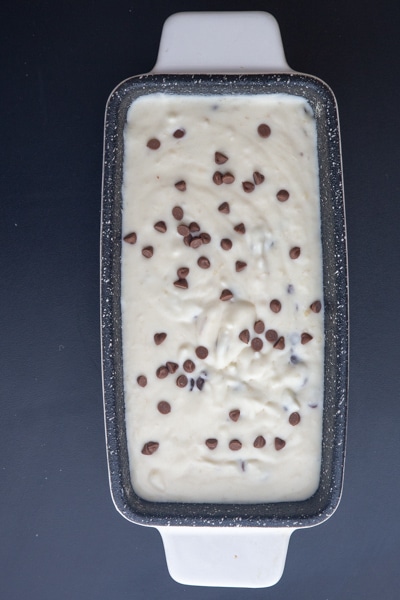 Ice cream mixture in a loaf pan before frozen.