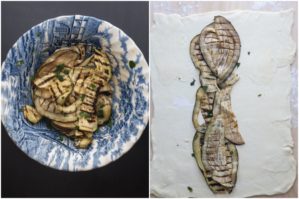 Grilled eggplant in a blue bowl and lined on the puff pastry.