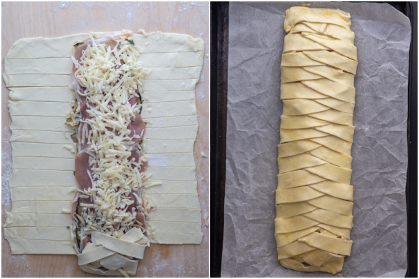 topped with more cheese and the pastry braided ready for baking.