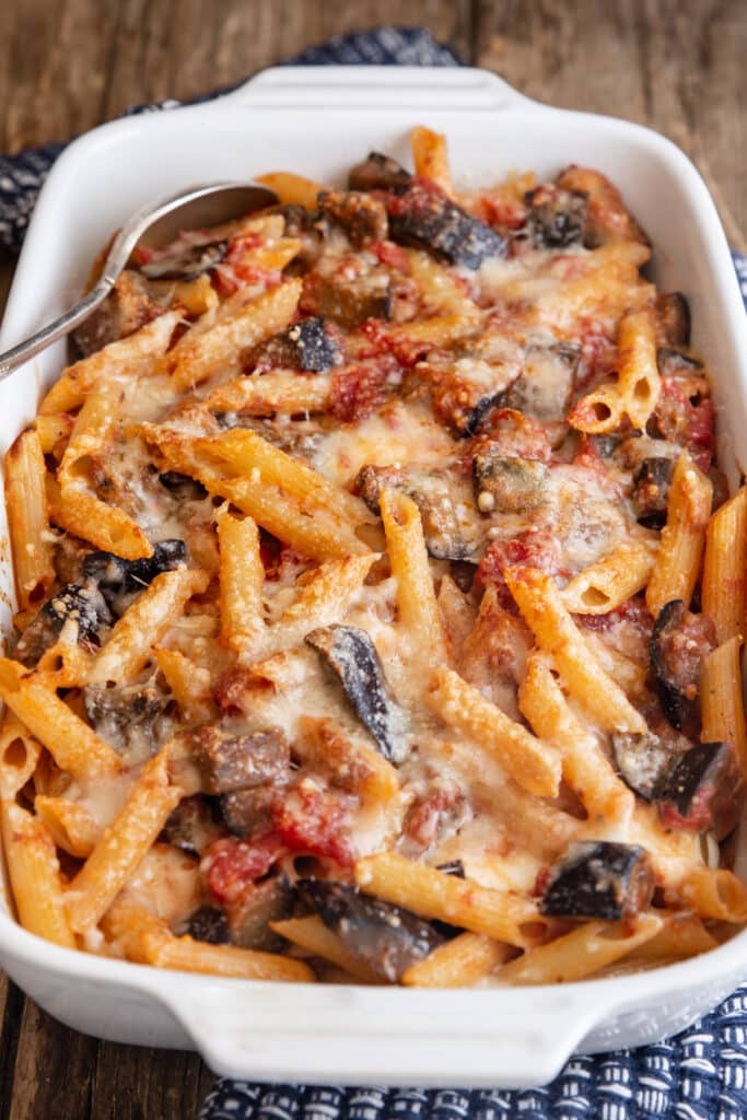 Sicilian pasta in a white baking pan.