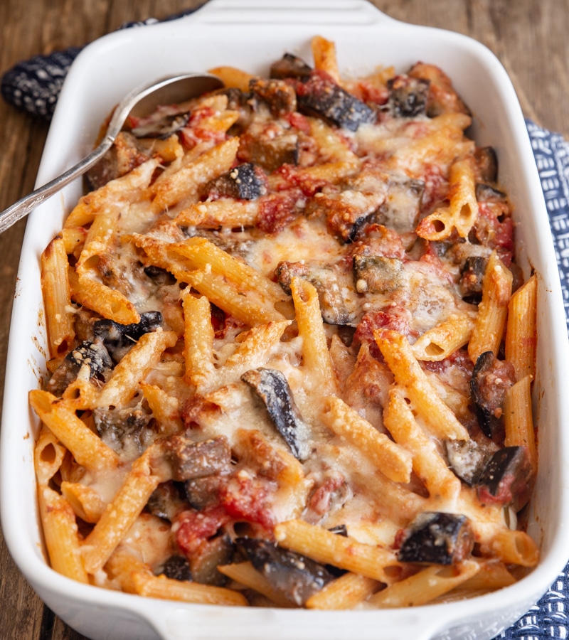 Sicilian pasta in a white baking dish.