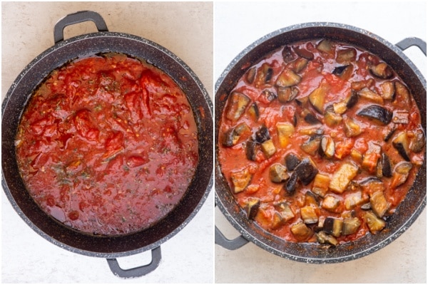 Tomato sauce in a black pan with eggplant cooked.