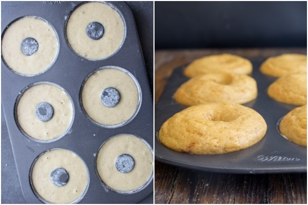 Donuts in the pan before and after baked.