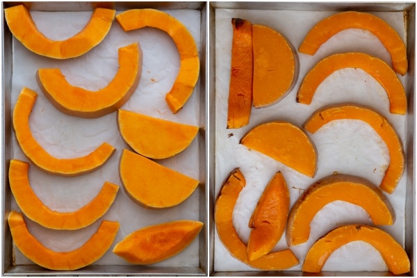 Sliced squash on a cookie sheet before and after baking.