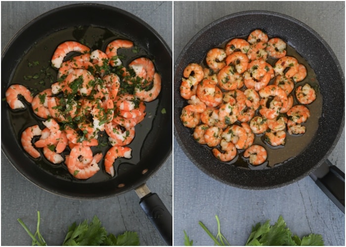 Cooking the shrimp in a pan.