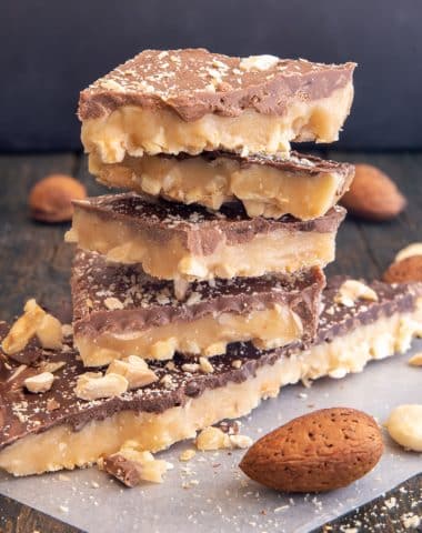Homemade toffee stacked.