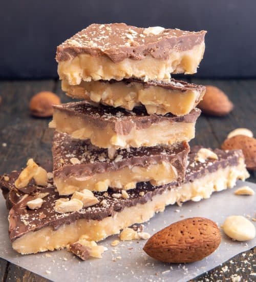 Homemade toffee stacked.