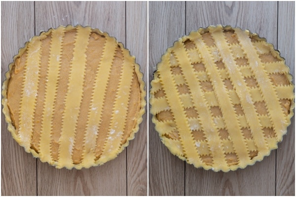 Covering the crostata with a lattice topping.