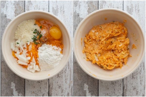 Pumpkin fritter mixture in a while bowl before and after combined.