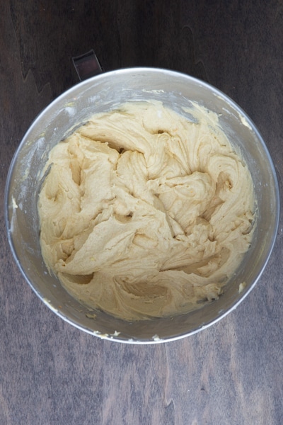 Batter mixed in the mixing bowl.