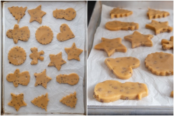 Peanut butter cutouts on prepared cookie sheet.