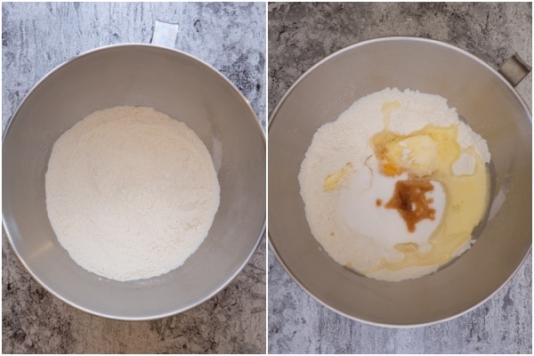 Whisked ingredients in a silver mixing bowl & egg butter & vanilla added.