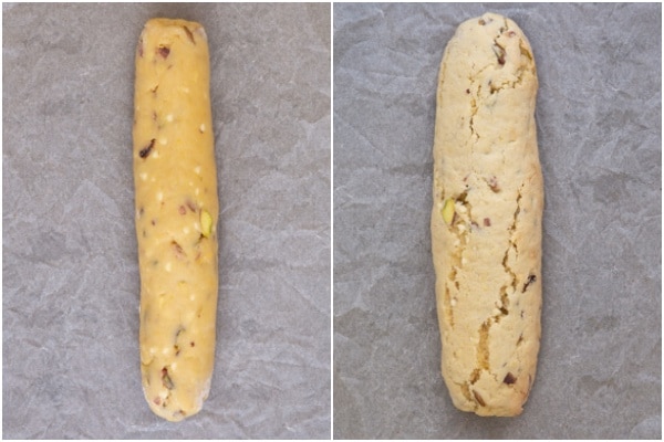 Biscotti dough shaped as a log before and after baking.