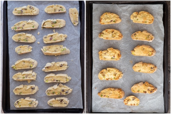 Biscotti on a parchment paper cookie sheet before & after the second bake.
