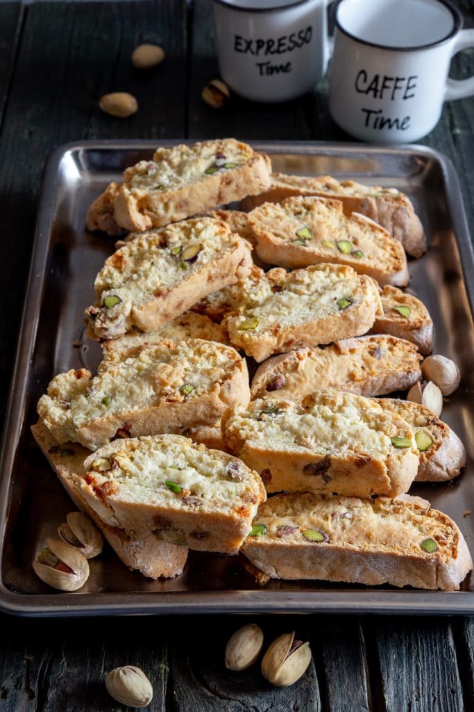 Biscotti on a silver platter.