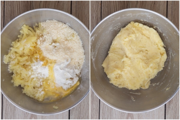 Ingredients before and after mixing to form the mashed potato mixture.